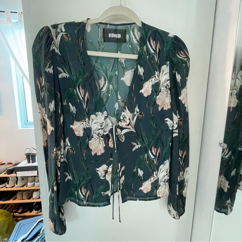 Reformation tie front long sleeve blouse